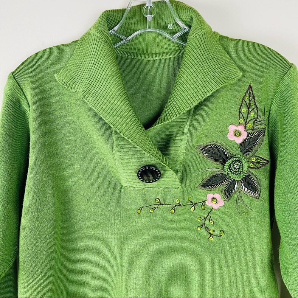 Vintage green floral embroider retro 60s 70s mod rockabilly sweater small medium - Picture 2 of 5